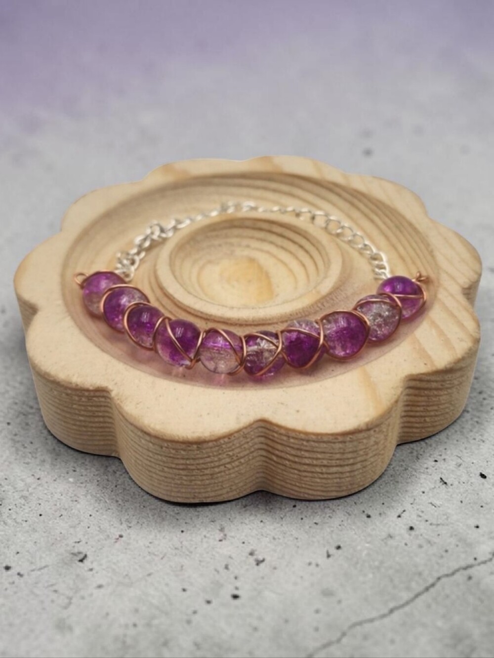 Handmade Wire-Wrapped Purple Beaded Bracelet Adjustable Boho Jewelry Gift